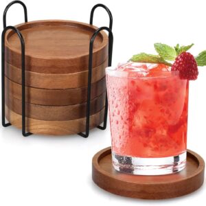 6-Piece Acacia Wood Coaster Set with Holder
