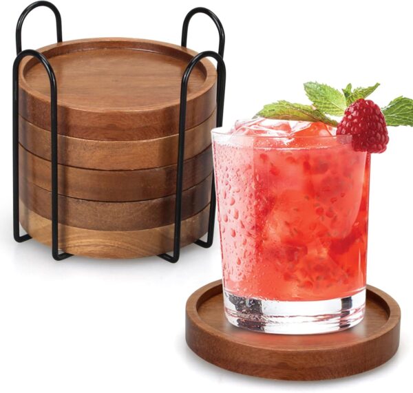 6-Piece Acacia Wood Coaster Set with Holder